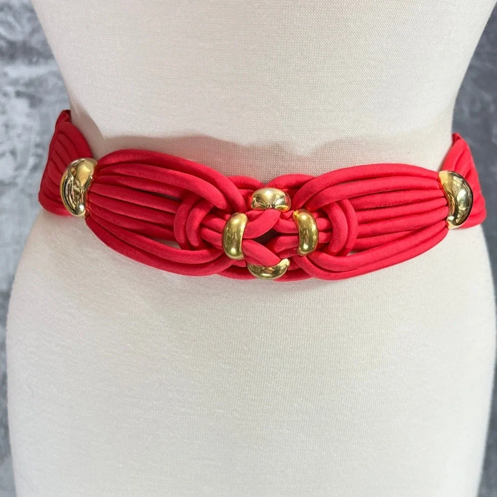 VTG 80s Hot Pink Knotted Braided Fabric Statement Belt Gold Hook Loop Retro S/M